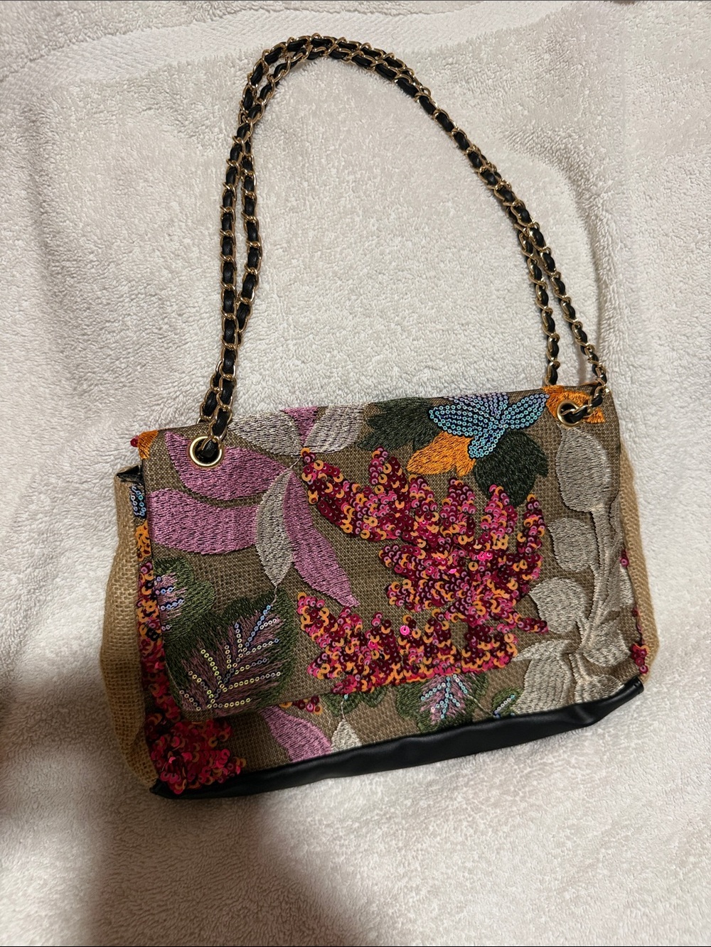 Floral Embroidered Chain-Handle Shoulder Bag in Olive & Pink